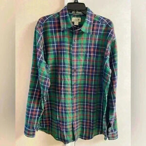 LL Bean Button‎ Front Plaid Flannel Shirt Green Long Sleeves Large